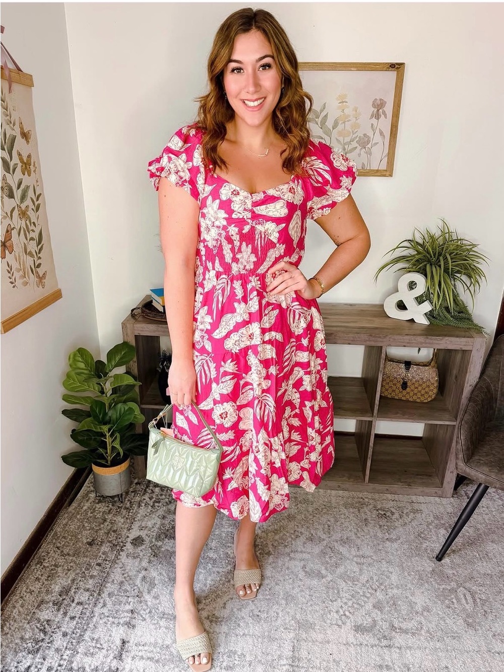 Pink Floral Smocked Short-Sleeve Midi Dress